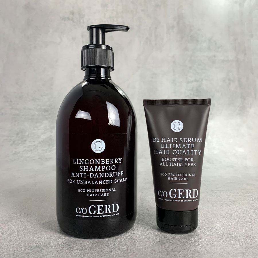Problematic scalp, short hair- Lingonberry Shampoo 500ml and B2 Hair Serum 75 in the group Hair Care / Hair Care Routine at  Nature Cosmetic Group Of Swedish Lapland AB (Hairroutine3)